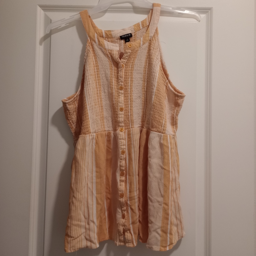 Torrid Blouse Sz 2X Smocked High Neck Babydoll Top Sleeveless Stripe